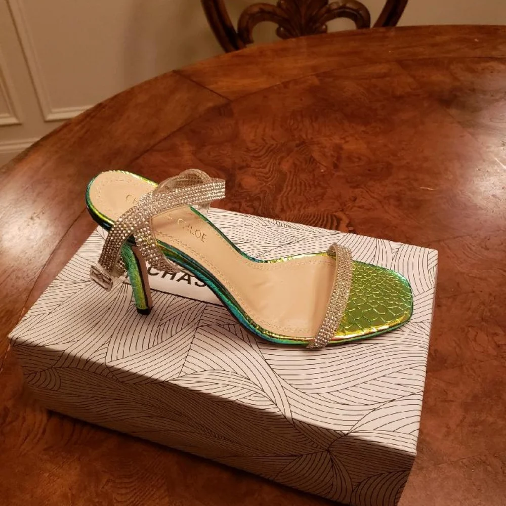 NWT Chase+Chloe Clear Blue Green Silver Sandal Heels Size 8